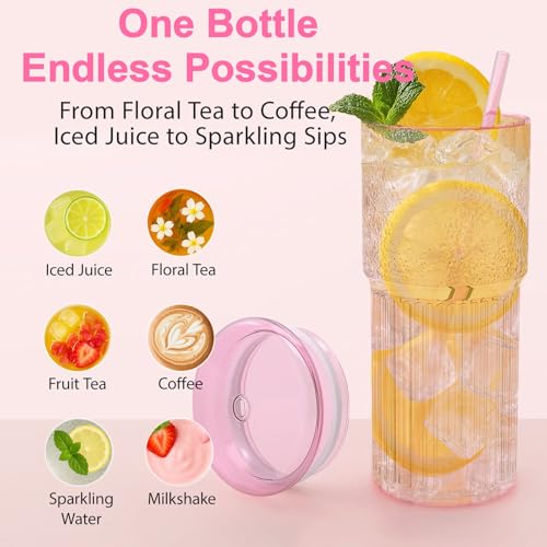 Luiaiog 20oz Glass Cups with Lids and Straws - Set of 4 Reusable Tumblers, Thickened Shatter-Resistant Glass, Ideal for Iced Coffee, Smoothies, Cocktails, Juices - Elegant & Durable Drinkware (Pink) - Image 3