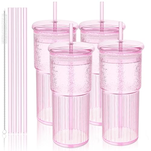 Luiaiog 20oz Glass Cups with Lids and Straws - Set of 4 Reusable Tumblers, Thickened Shatter-Resistant Glass, Ideal for Iced Coffee, Smoothies, Cocktails, Juices - Elegant & Durable Drinkware (Pink) - Image 1