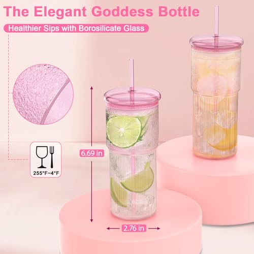 Luiaiog 20oz Glass Cups with Lids and Straws - Set of 4 Reusable Tumblers, Thickened Shatter-Resistant Glass, Ideal for Iced Coffee, Smoothies, Cocktails, Juices - Elegant & Durable Drinkware (Pink) - Image 4