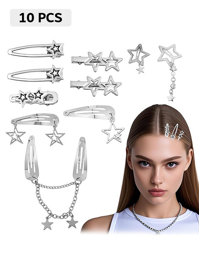 إم إكس إن 10 قطع ستار الشعر كليب، الفضة Y2K المعادن الشعر Barrettes الشعر Accessors, Non-Slip Pentagram Bobby Pin for Long Short Curly Wavy Hair - Image 1