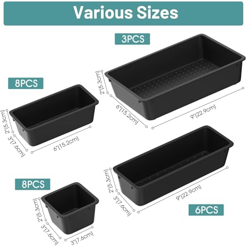 WOWBOX 25 PCS Plastic Drawer Organizer Set Desk Drawer Divider Organizers and Storage Bins for Makeup Jewelry Gadgets for Kitchen Bedroom Bathroom Office Deep Black - Image 3