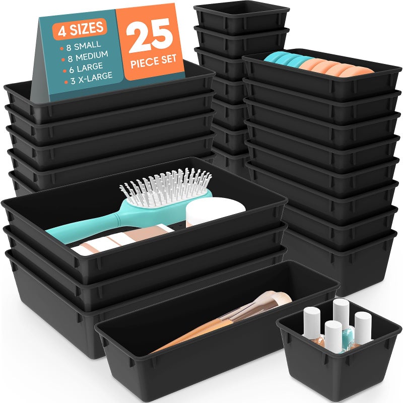 WOWBOX 25 PCS Plastic Drawer Organizer Set Desk Drawer Divider Organizers and Storage Bins for Makeup Jewelry Gadgets for Kitchen Bedroom Bathroom Office Deep Black - Image 2