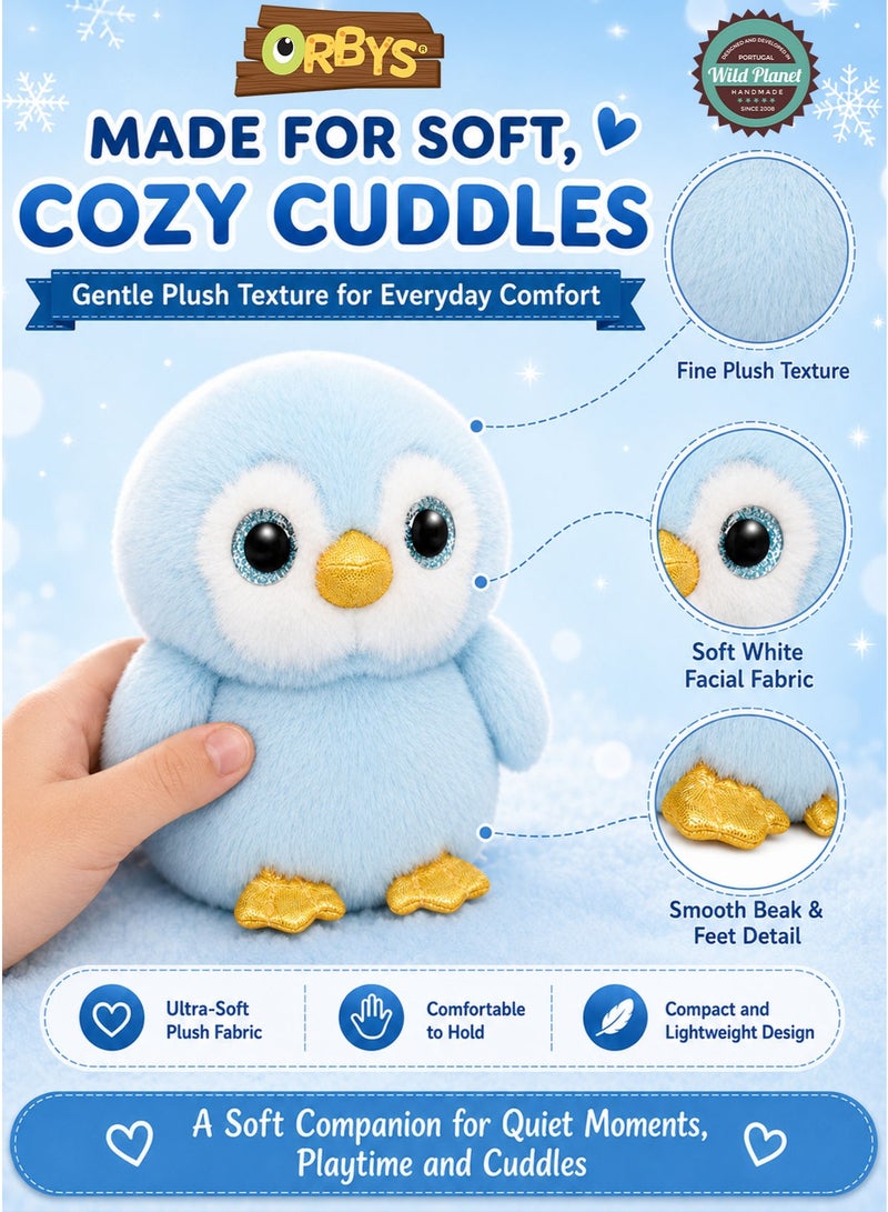 Wild Planet Orbys Penguin Plush Toy, Ultra-Soft Light Blue Stuffed Penguin Animal with Sparkly Blue Eyes, White Facial Patches, Gold-Coloured Beak and Feet, Compact 16 cm Cuddle Companion for Babies and Kids, Cute Arctic Bird Character for Imaginative Play, Storytelling, Nursery Décor, Birthdays and Gift Giving - Image 2