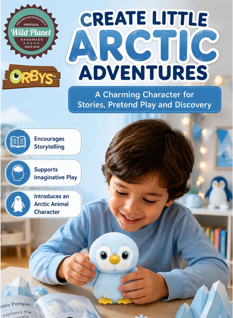 Wild Planet Orbys Penguin Plush Toy, Ultra-Soft Light Blue Stuffed Penguin Animal with Sparkly Blue Eyes, White Facial Patches, Gold-Coloured Beak and Feet, Compact 16 cm Cuddle Companion for Babies and Kids, Cute Arctic Bird Character for Imaginative Play, Storytelling, Nursery Décor, Birthdays and Gift Giving - Image 5