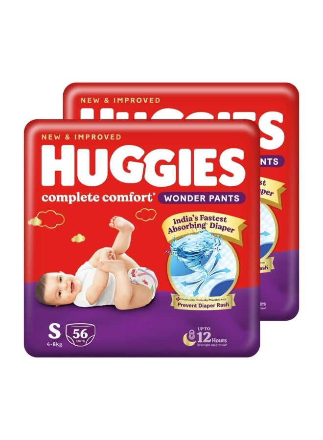 Huggies Complete Comfort Wonder Pants | Pant Style Baby Diapers Small Size (S), 112 Count | India's Fastest Absorbing Diaper, Prevents Diaper Rash, Ideal for 4 to 8 Kgs (56 Count, Pack of 2) - Image 1