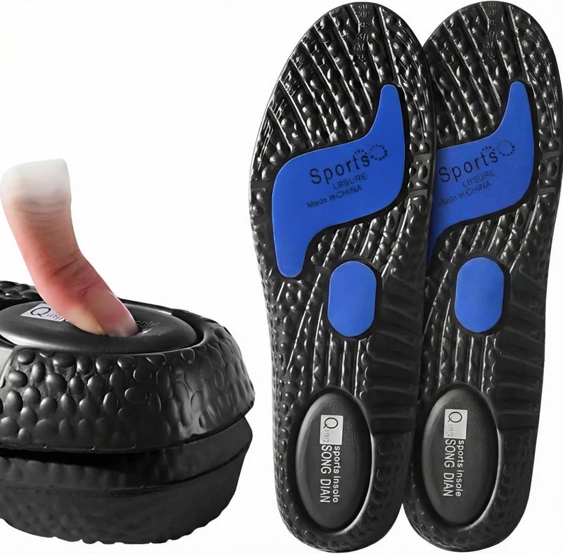 Sport Insoles with Shock Absorption Gel Inserts - Medical Shoe Pads with Arch Support and Heel Cushion for Relief of Fasciitis Pain During Running and Walking (1 Pair) (Black)