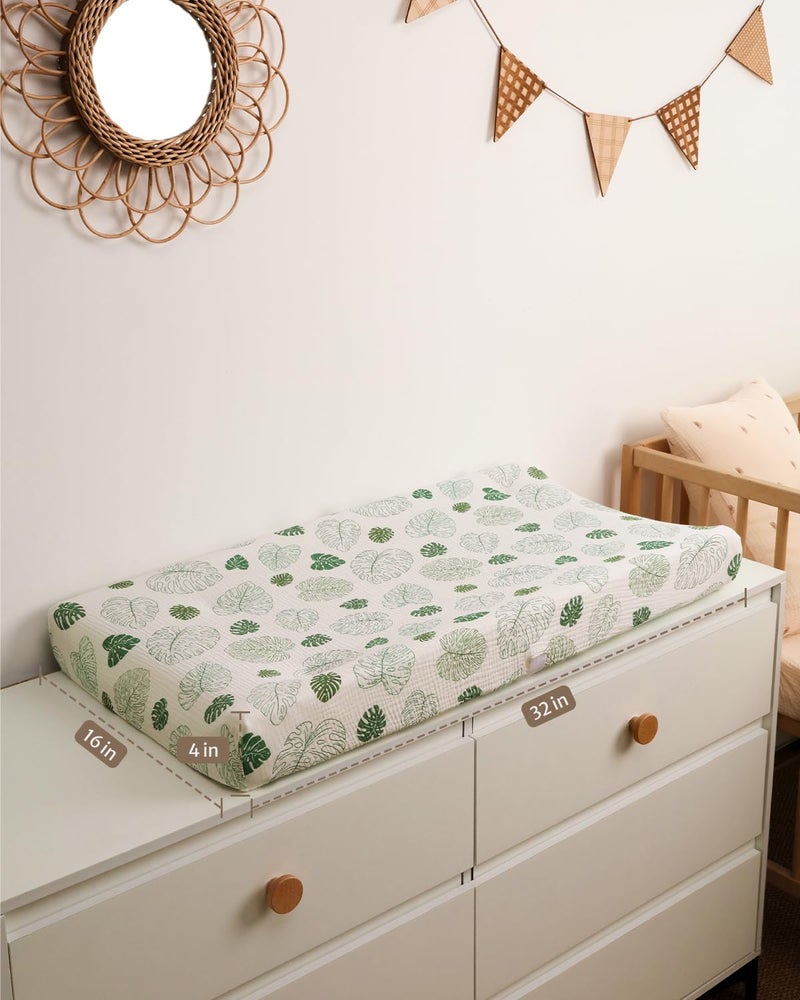 Blissful Diary Muslin Changing Pad Cover for Girls Boys, Ultra Soft Breathable Cotton, Baby Diaper Change Table Pad Covers, 2Pack (Monstera Leaves&Dark Green) - Image 4