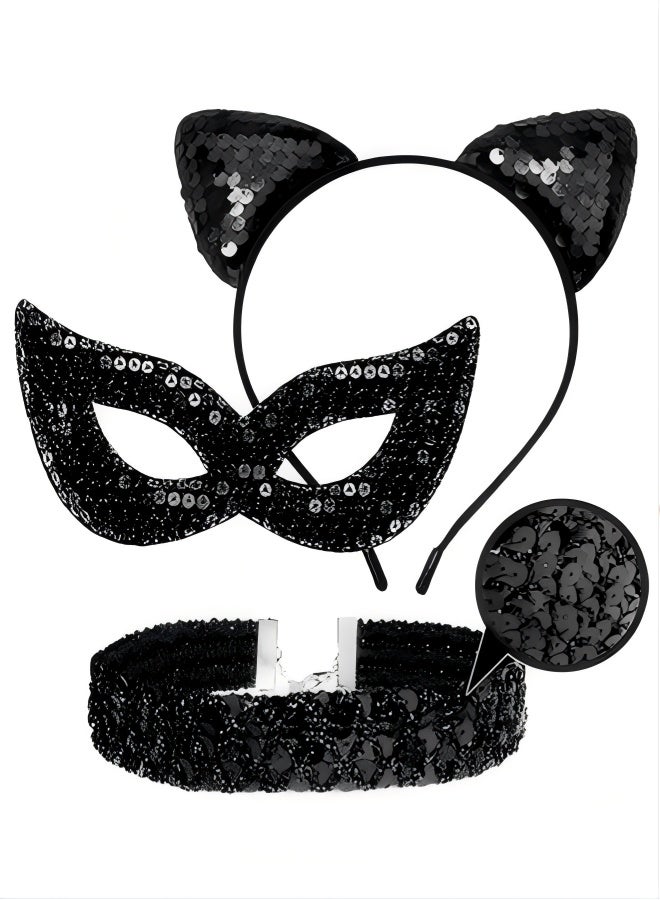 Happy D Cat mask, necklace and cat ear headband set, black cat eye mask, masquerade mask with elastic strap, Catwoman party mask suitable for women and girls - Image 1