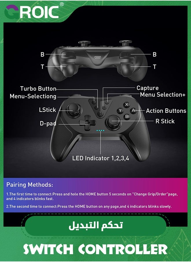 GROIC - Black Switch Controllers, Wireless Switch Pro Controller for Switch/Switch Lite/Switch OLED, Enhanced Switch Remote with 6-Axis Gyro, Adjustable Dual Turbo Vibration, Non-Slip, Rechargeable - Image 1