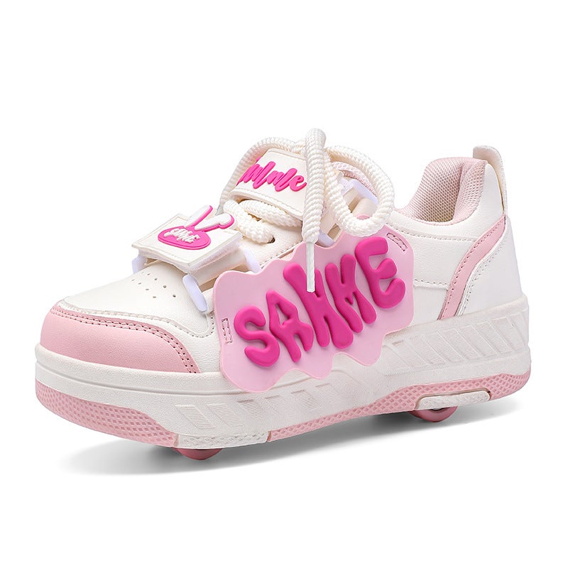 Childrens heloo shoes fashion outdoor student roller skates cross-border velcro double-row leisure sports skating roller shoes 9921 pink [double row]