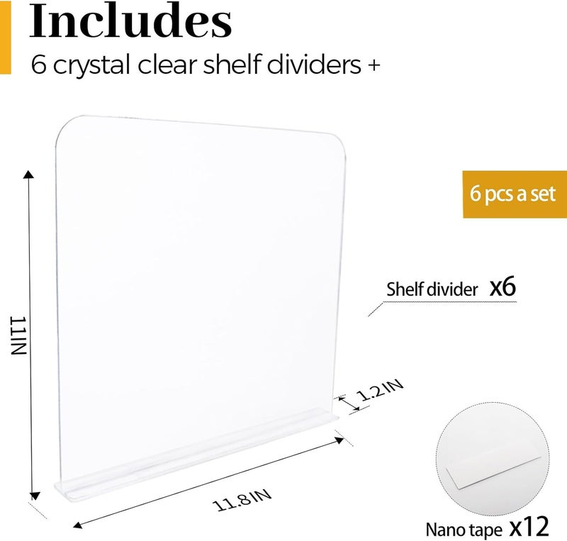ROUFA 6Pcs Clear Acrylic Shelf Dividers, Closet Organizer Wood Shelf Separators Purse Organizer for Bedroom, Kitchen, Office, Bathroom 11.8''x11'' - Image 3