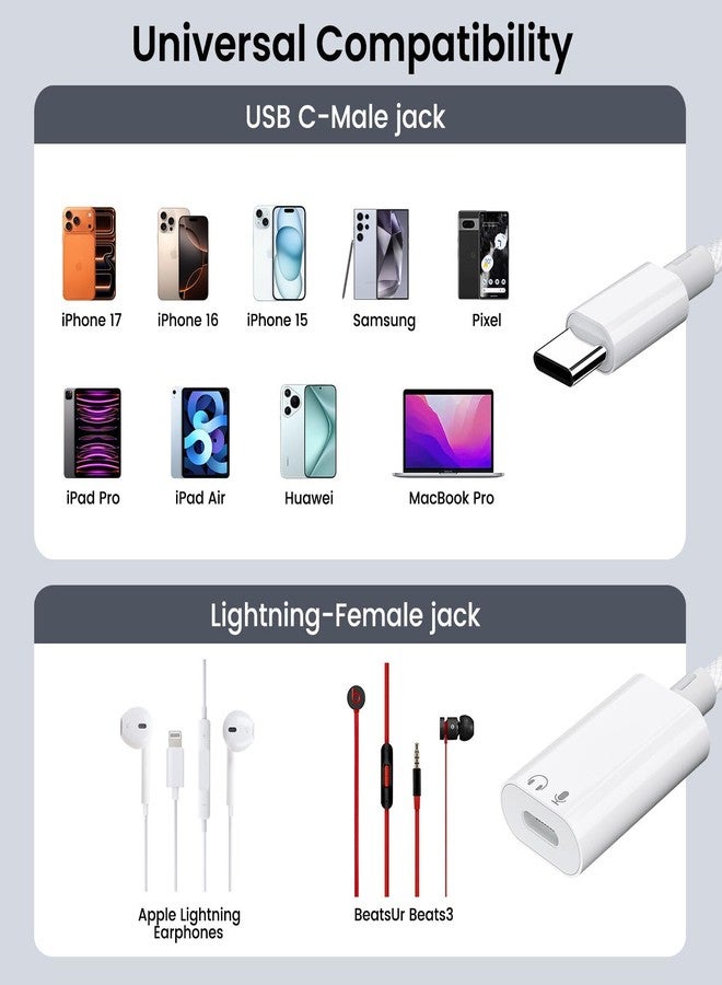 مكسكودو محول صوت سماعات الرأس من USB-C إلى Lightning، محول صوت سماعات الأذن من USB-C ذكر إلى Lightning أنثى متوافق مع iPhone 17/16/16e/15 Plus/Pro/Max و iPad Pro و iPad Air 6/5 و MacBook (بدون شحن) [عبوة من قطعتين] - Image 3