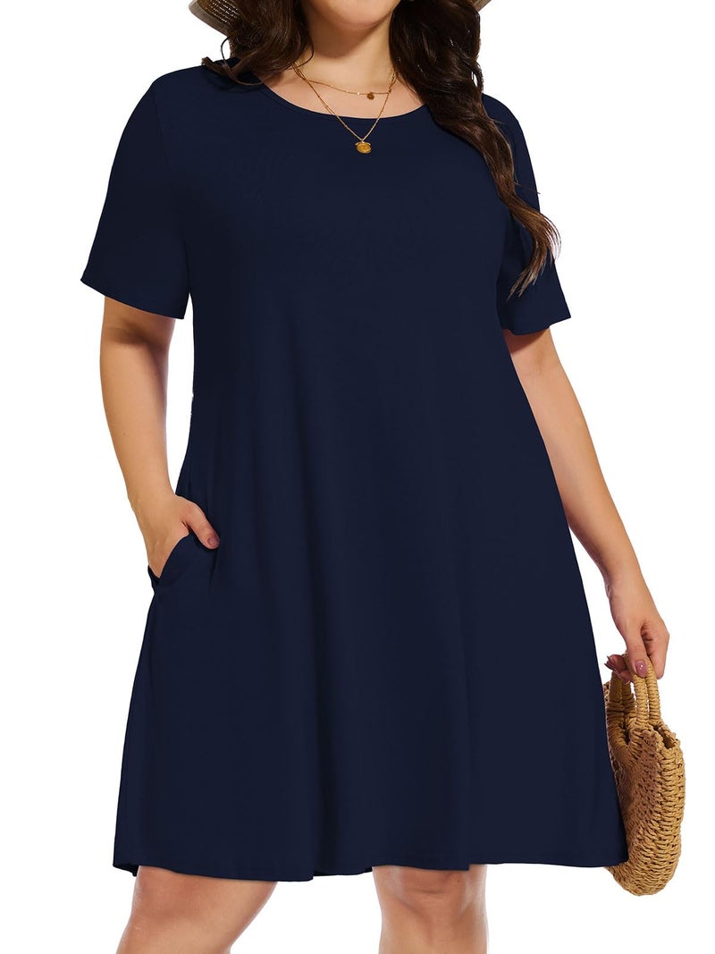 elescat Plus Size Summer Dresses for Women Casual Short Sleeve Pockets Loose Oversized T Shirt Sundress (Navy Blue, 3XL) - Image 1