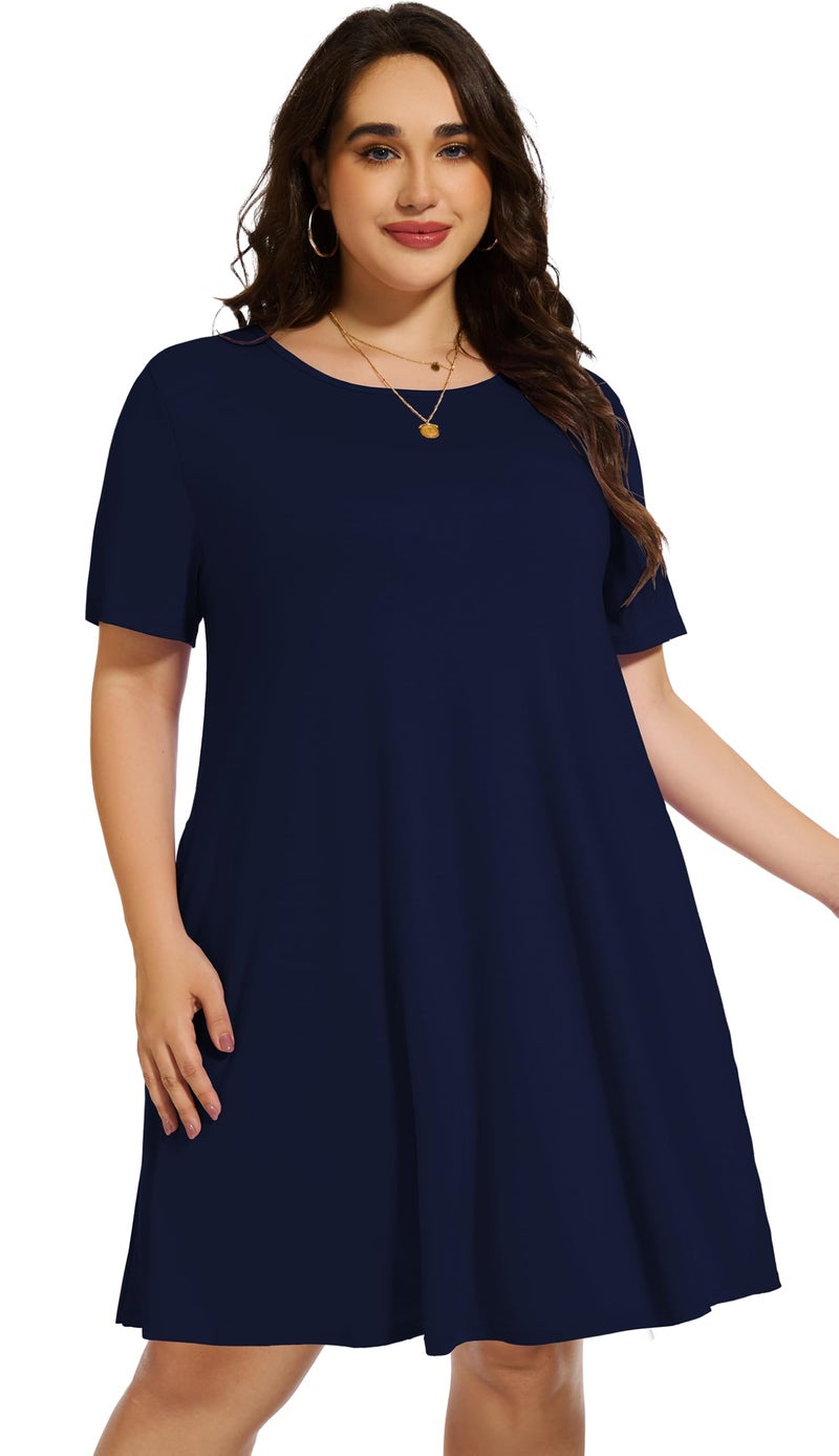 elescat Plus Size Summer Dresses for Women Casual Short Sleeve Pockets Loose Oversized T Shirt Sundress (Navy Blue, 3XL) - Image 4
