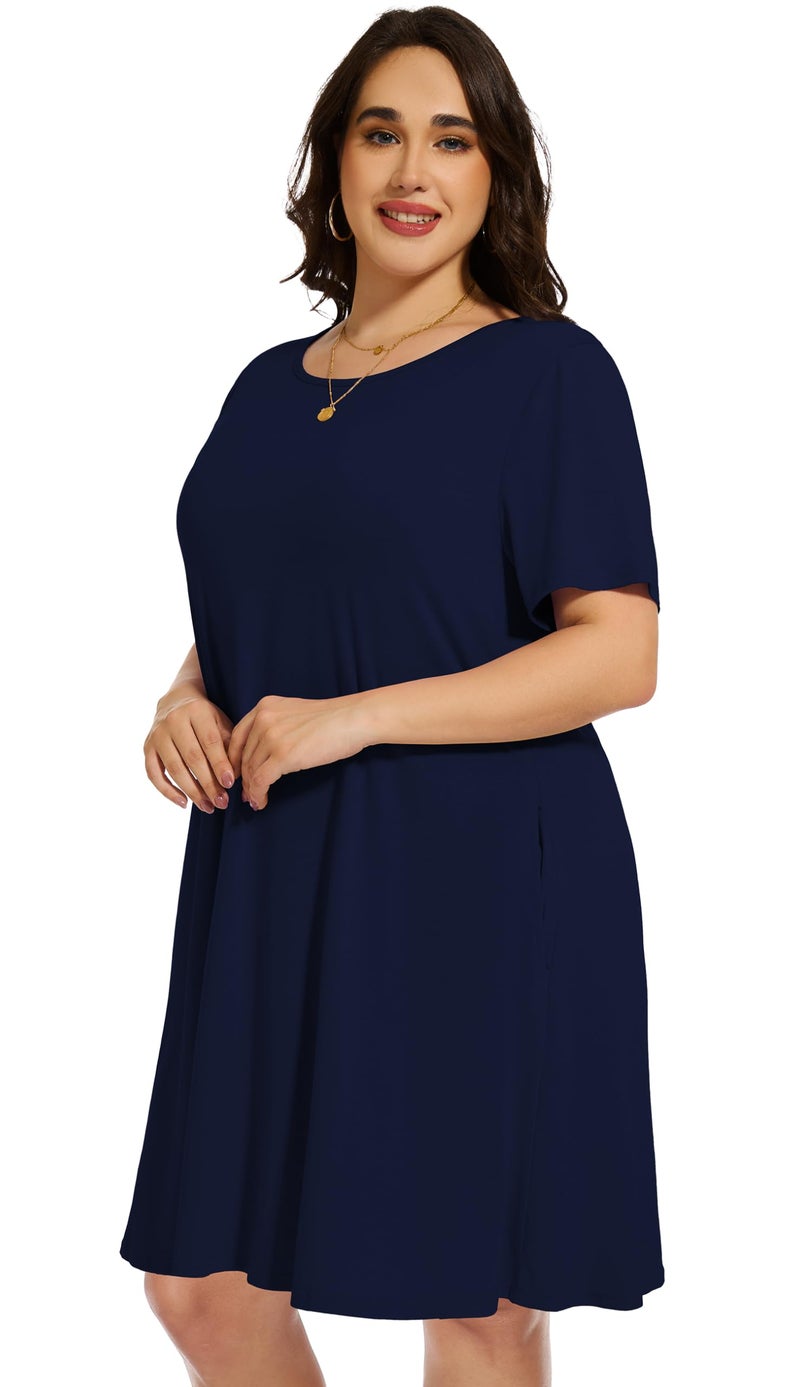 elescat Plus Size Summer Dresses for Women Casual Short Sleeve Pockets Loose Oversized T Shirt Sundress (Navy Blue, 3XL) - Image 3