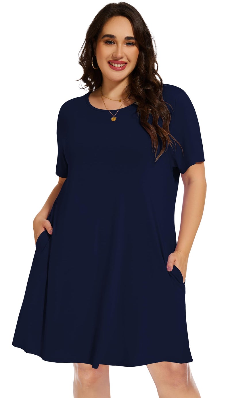 elescat Plus Size Summer Dresses for Women Casual Short Sleeve Pockets Loose Oversized T Shirt Sundress (Navy Blue, 3XL) - Image 2