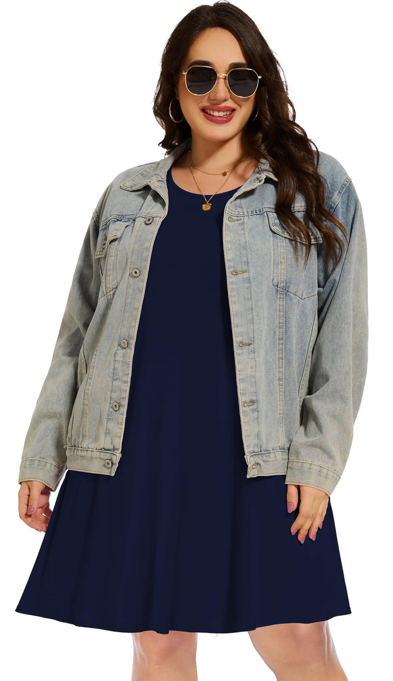 elescat Plus Size Summer Dresses for Women Casual Short Sleeve Pockets Loose Oversized T Shirt Sundress (Navy Blue, 3XL) - Image 5