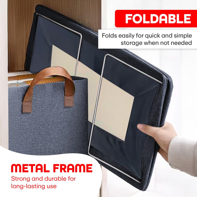 PRIME PICK XL Oxford Cloth Organizer Durable Foldable Storage Box with Metal Frame Handles Blue Breathable Washable for Jeans Tshirts Socks Sweaters Pants Versatile Home Storage Solution Pack 2 - Image 4