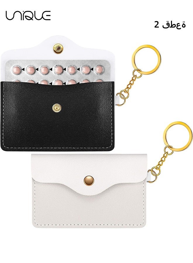 Unique 2Pcs Pill Case Sleeve Packet PU Leather Wallet Pill Holder 4.4 x 2.8 Inch Pill Pouch with Key Ring for Pill Card Organizer(Black + White)  - Image 1