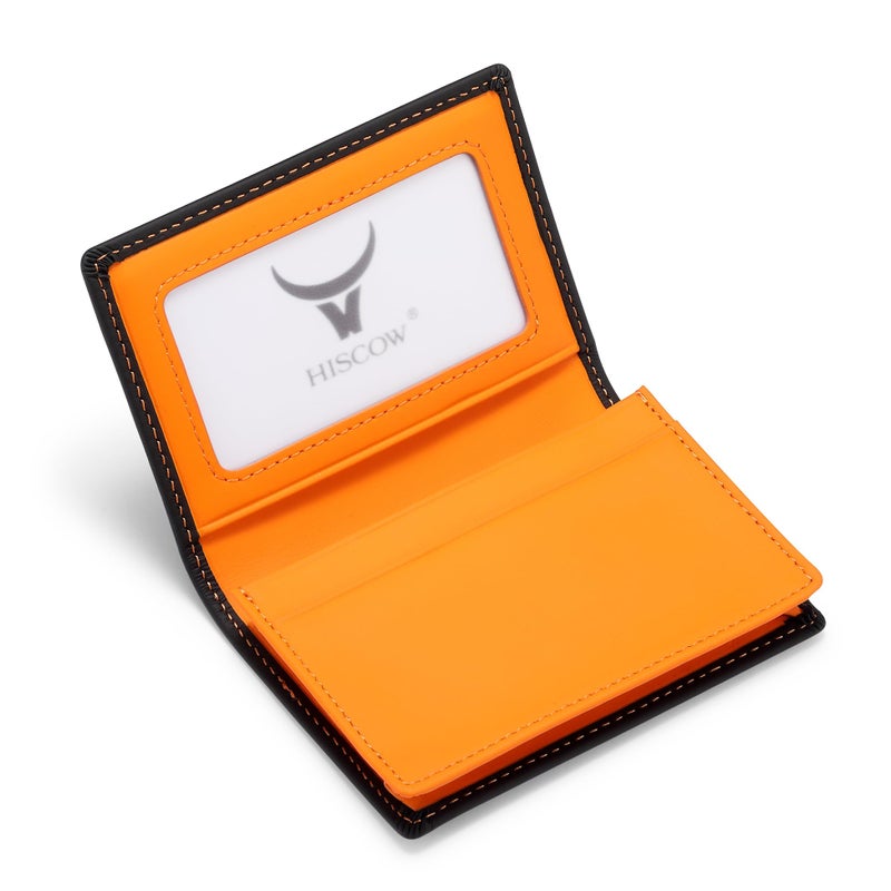 HISCOW Leather Business Card Case Holder for Men Women Italian Calfskin Matte Black Orange - Image 2