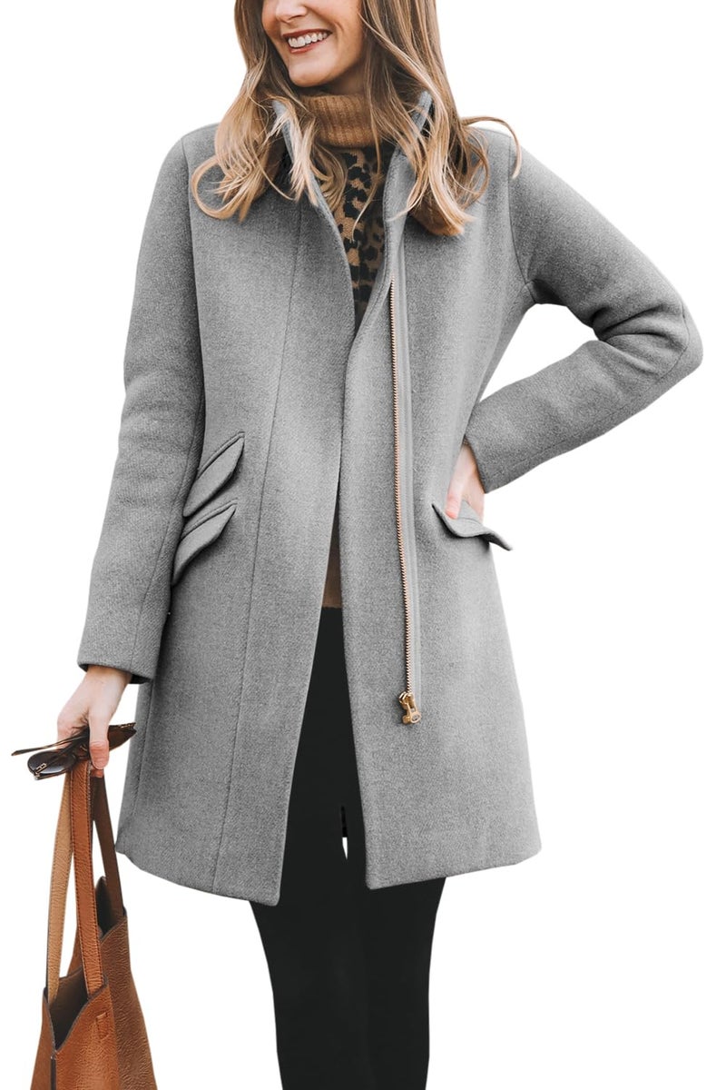 BZB Womens Dress Coat Zip Up Classic Wool Blend Over Lapel Collar Long Jackets Winter Outwear Grey - Image 1