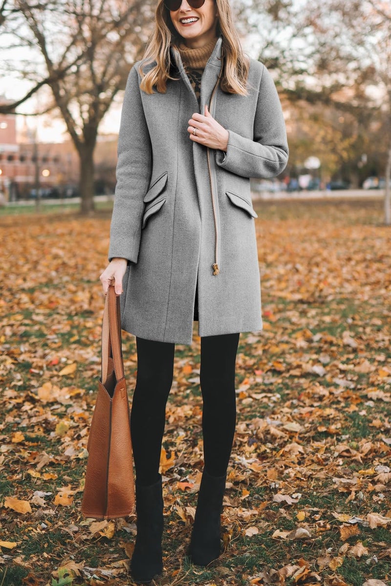 BZB Womens Dress Coat Zip Up Classic Wool Blend Over Lapel Collar Long Jackets Winter Outwear Grey - Image 4
