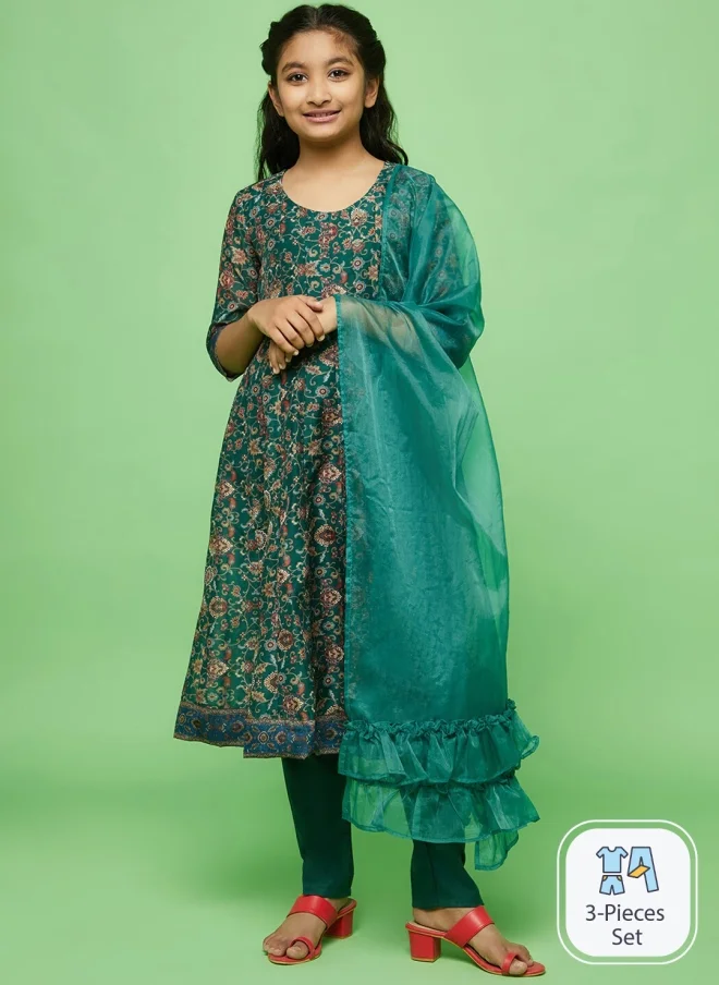 AKS Floral Printed Anarkali Kurta Set for Girls