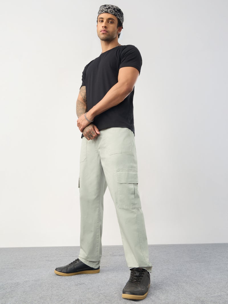 The Souled Store Utility Line: Feather Grey Men and Boys Elastic Waistband Solid Cotton Twill Straight Fit Lightweight Functional Cargo Pants - Image 3