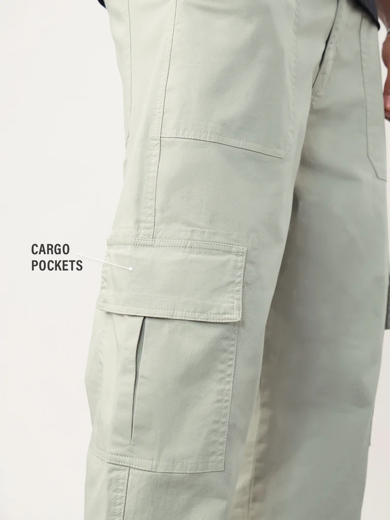 ذا سوليد ستور Utility Line: Feather Grey Men and Boys Elastic Waistband Solid Cotton Twill Straight Fit Lightweight Functional Cargo Pants