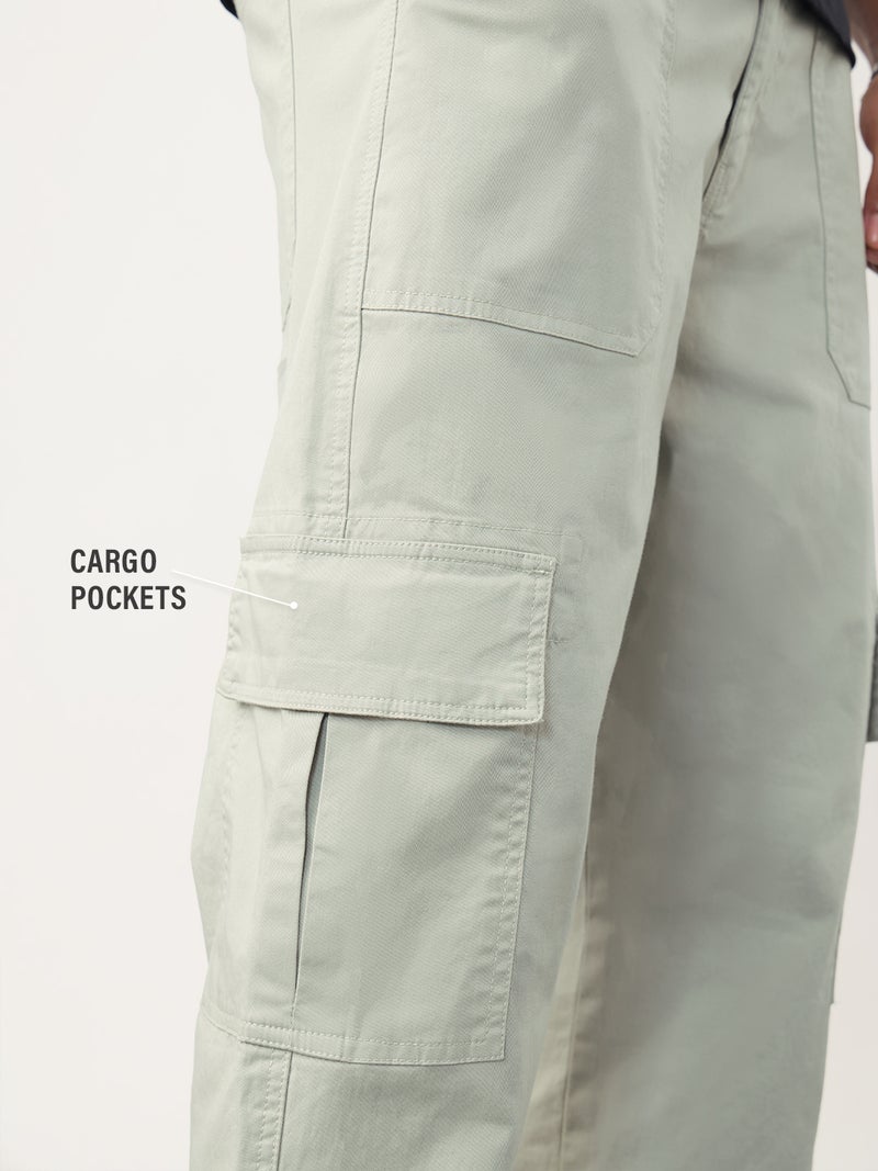 The Souled Store Utility Line: Feather Grey Men and Boys Elastic Waistband Solid Cotton Twill Straight Fit Lightweight Functional Cargo Pants - Image 2