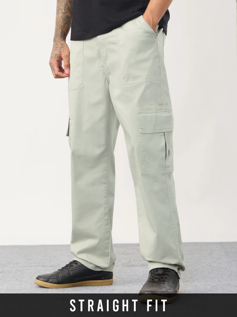 ذا سوليد ستور Utility Line: Feather Grey Men and Boys Elastic Waistband Solid Cotton Twill Straight Fit Lightweight Functional Cargo Pants