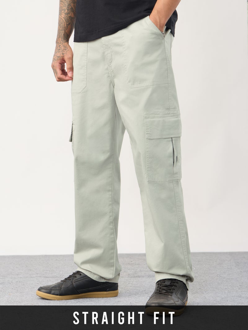 The Souled Store Utility Line: Feather Grey Men and Boys Elastic Waistband Solid Cotton Twill Straight Fit Lightweight Functional Cargo Pants - Image 1