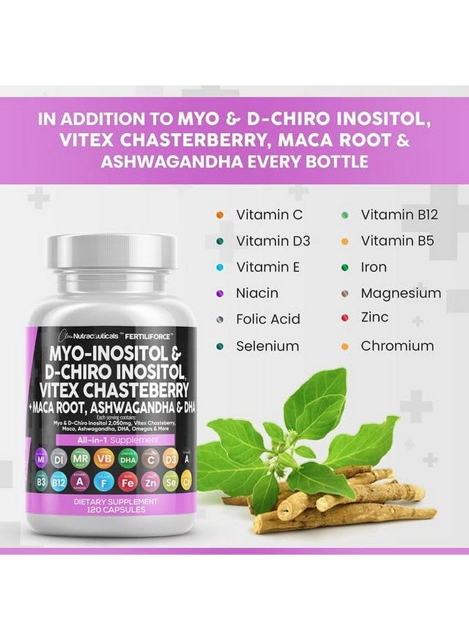 Clean Nutraceuticals مكمل خصوبة ميو-إنوزيتول ودي-كيرو إنوزيتول 2050 ملغ بنسبة 40:1 - فيتامينات قبل الولادة للنساء مع أشواغاندا، جذور ماكا، فيتكس، توت العفة، حديد، DHA، حمض الفوليك، DIM، زنك - عبوتين - Image 4