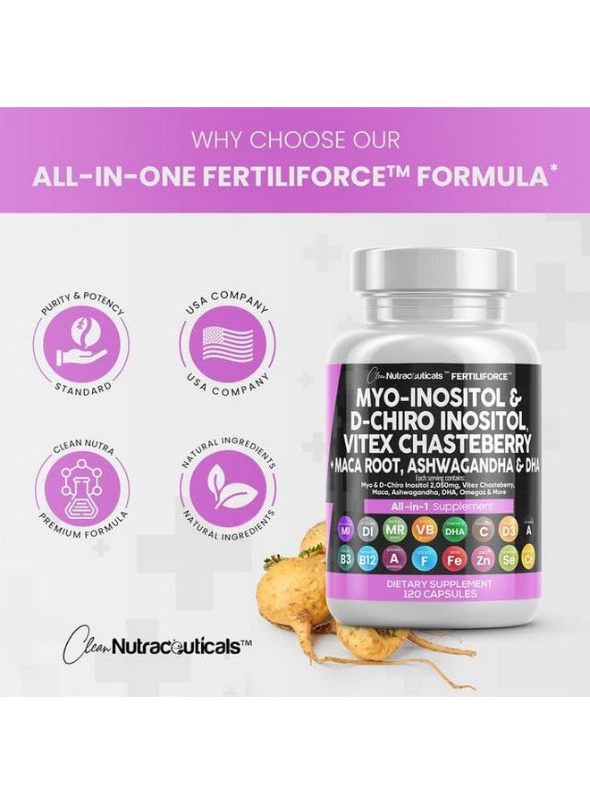 Clean Nutraceuticals مكمل خصوبة ميو-إنوزيتول ودي-كيرو إنوزيتول 2050 ملغ بنسبة 40:1 - فيتامينات قبل الولادة للنساء مع أشواغاندا، جذور ماكا، فيتكس، توت العفة، حديد، DHA، حمض الفوليك، DIM، زنك - عبوتين - Image 3