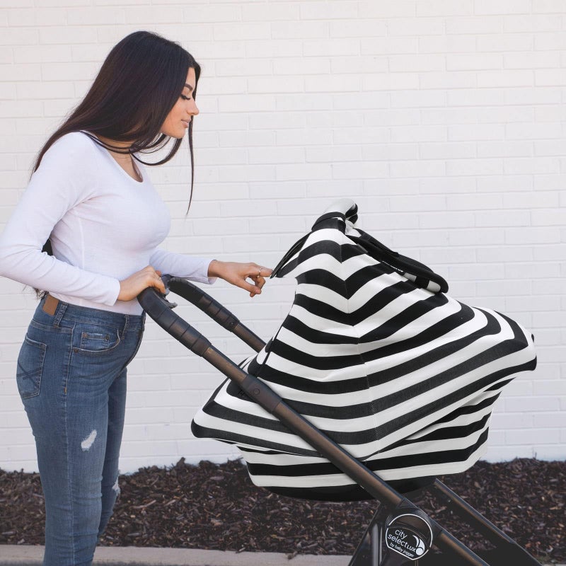 أكرابروس Car Seat Covers for Babies,All Season Infant Carseat Cover Canopy for Boys and Girls,Stretchy Adjustable Peeping Window with Mesh Cover,Warm Breathable Universal,Black White Stripe - Image 4