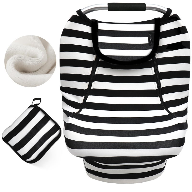 أكرابروس Car Seat Covers for Babies,All Season Infant Carseat Cover Canopy for Boys and Girls,Stretchy Adjustable Peeping Window with Mesh Cover,Warm Breathable Universal,Black White Stripe - Image 1