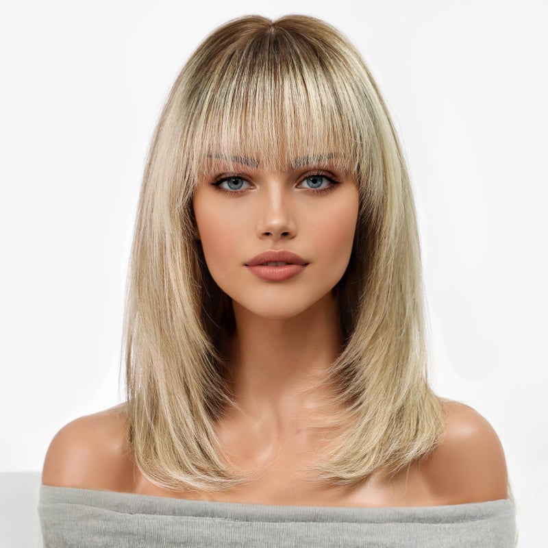 KKU 16 Inch Ombre Blonde Brown Human Hair Wigs for WomenLayered Straight Hair Wig with BangsWear Natural Realism