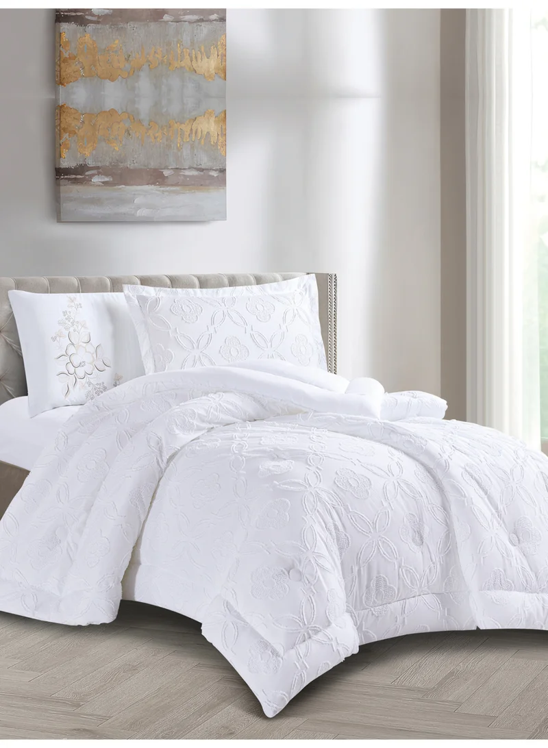 Donetella Bedding Comforter Set Single Size, 4-Pcs Bed Set Fits 140X200 Cms -Tufted Embroidery Set-All Season- 350 GSM Brushed Microfiber (طقم مفرش سرير فندقي)