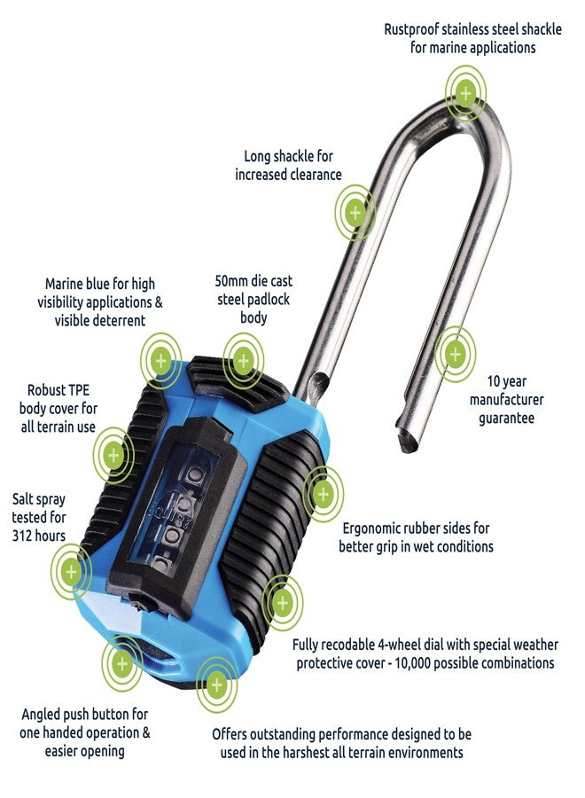 Squire Heavy Duty Padlock (CP50) - Toughest Steel Shackle - 4 Wheel Combination Padlock - Alloy Steel for Corrosion Resistance - Weatherproof Lock for Home, & Leisure (All Terrain Marine Long Shackle) - Image 5
