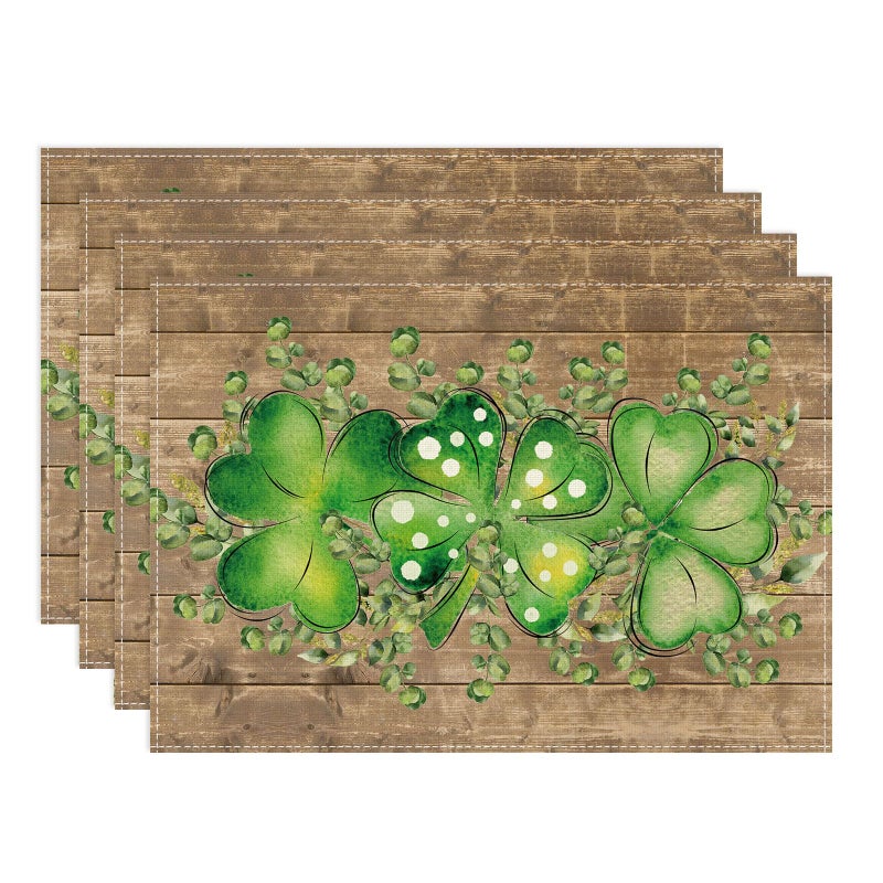 XCHI Wood Grain Green Shamrocks Clovers Eucalyptus Leaves St. Patrick's Day Placemats Set of 4 Table Mats for Party Home Kitchen Dining Table Decorations 12x18 Inch - Image 1