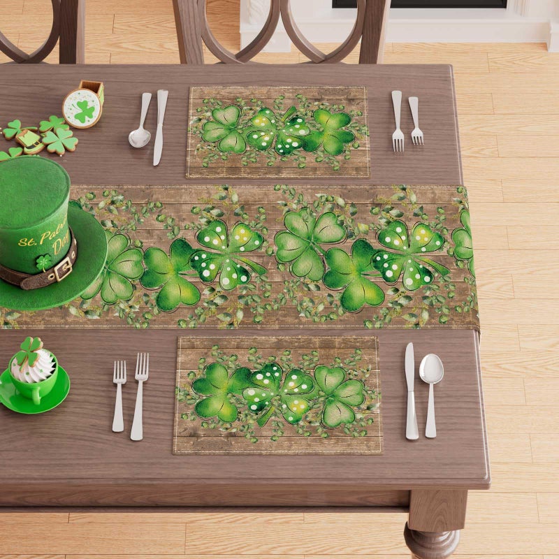 XCHI Wood Grain Green Shamrocks Clovers Eucalyptus Leaves St. Patrick's Day Placemats Set of 4 Table Mats for Party Home Kitchen Dining Table Decorations 12x18 Inch - Image 3