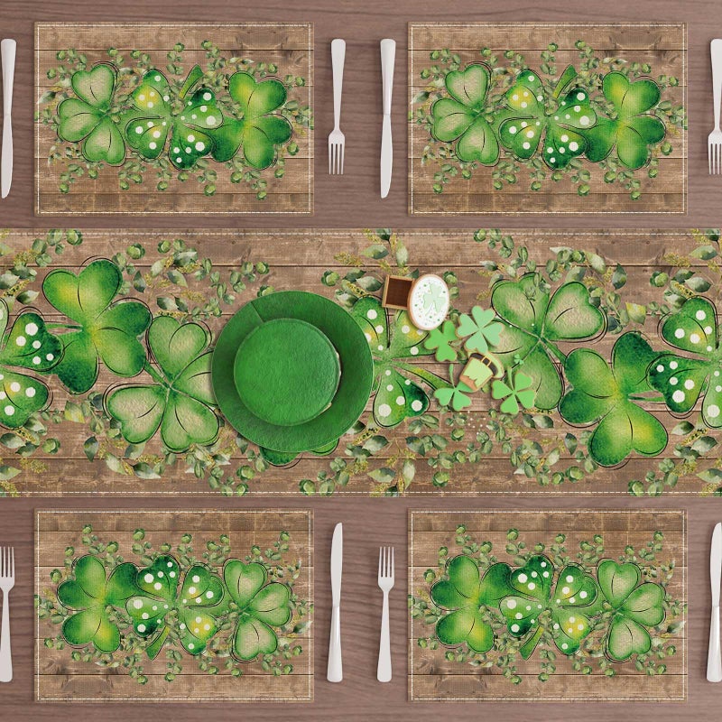 XCHI Wood Grain Green Shamrocks Clovers Eucalyptus Leaves St. Patrick's Day Placemats Set of 4 Table Mats for Party Home Kitchen Dining Table Decorations 12x18 Inch - Image 4