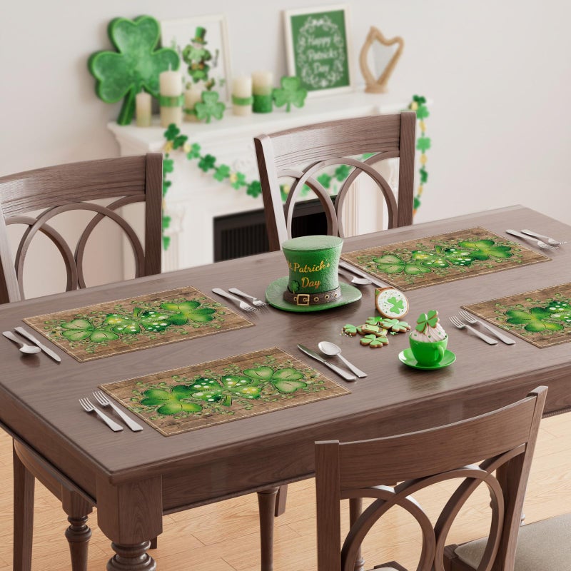 XCHI Wood Grain Green Shamrocks Clovers Eucalyptus Leaves St. Patrick's Day Placemats Set of 4 Table Mats for Party Home Kitchen Dining Table Decorations 12x18 Inch - Image 2