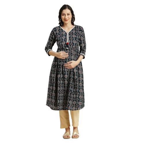 MomToBe Women Cotton Classic Wome's Anarkali Maternity Kurti/Pregnancy Dress/Easy Breastfeeding Kurta with Zippers/Maternity Dress with Zippers for Nursing Pre and Post Pregnancy (Teal Blue ; L) - Image 1