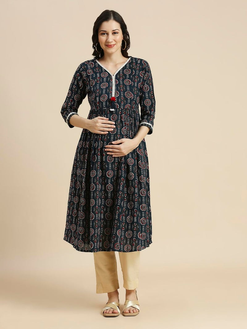 MomToBe Women Cotton Classic Wome's Anarkali Maternity Kurti/Pregnancy Dress/Easy Breastfeeding Kurta with Zippers/Maternity Dress with Zippers for Nursing Pre and Post Pregnancy (Teal Blue ; L) - Image 2