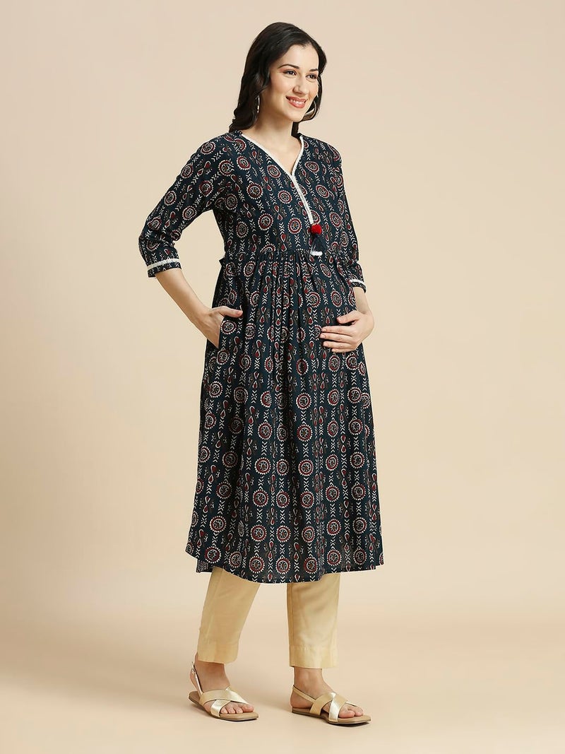 MomToBe Women Cotton Classic Wome's Anarkali Maternity Kurti/Pregnancy Dress/Easy Breastfeeding Kurta with Zippers/Maternity Dress with Zippers for Nursing Pre and Post Pregnancy (Teal Blue ; L) - Image 3