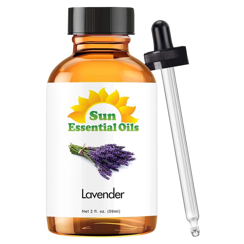Sun Essential Oils زيت اللافندر الأساسي - زيت أساسي 2 أونصة (59 مل) للناشر، المرطب، البشرة، تدليك العلاج العطري، معطر لصنع الصابون والشمع في المنزل، رائحة مهدئة للنوم - Image 1
