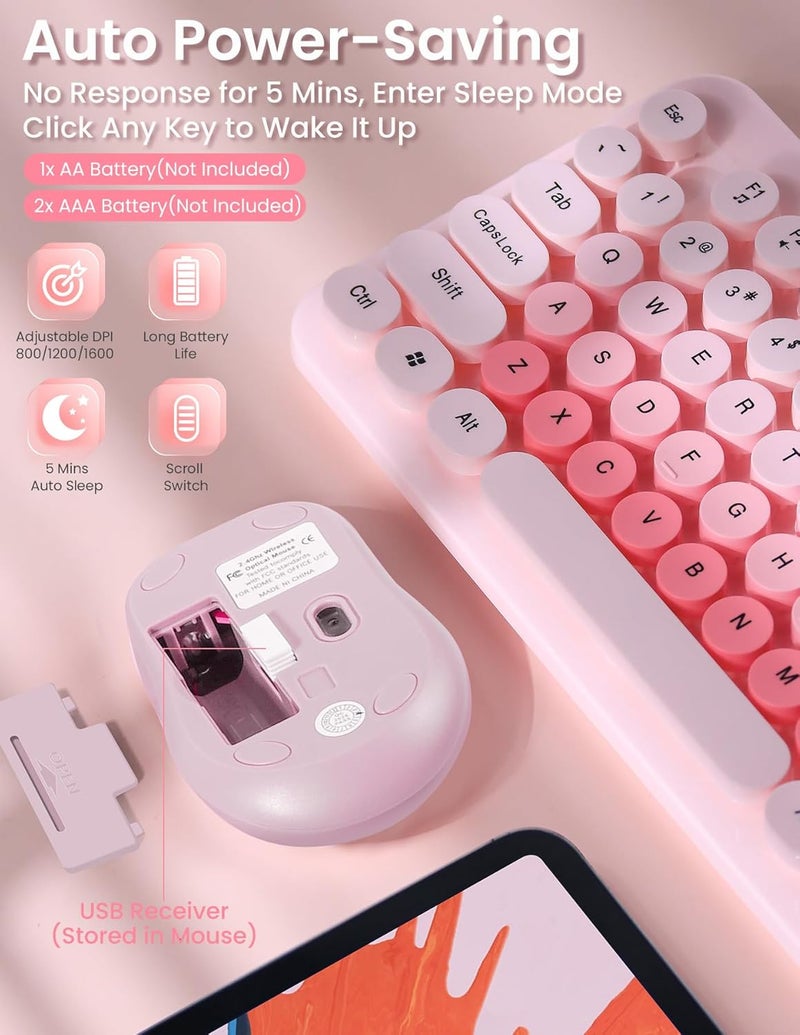 Nsyee Wireless Keyboard and Mouse Combo, 104 Round Keys Retro Full Size Keyboard and Mouse Set with 2.4GHz USB Receiver for PC/Laptop/Tablet/Computer/Windows, US Layout, Pink - Image 4