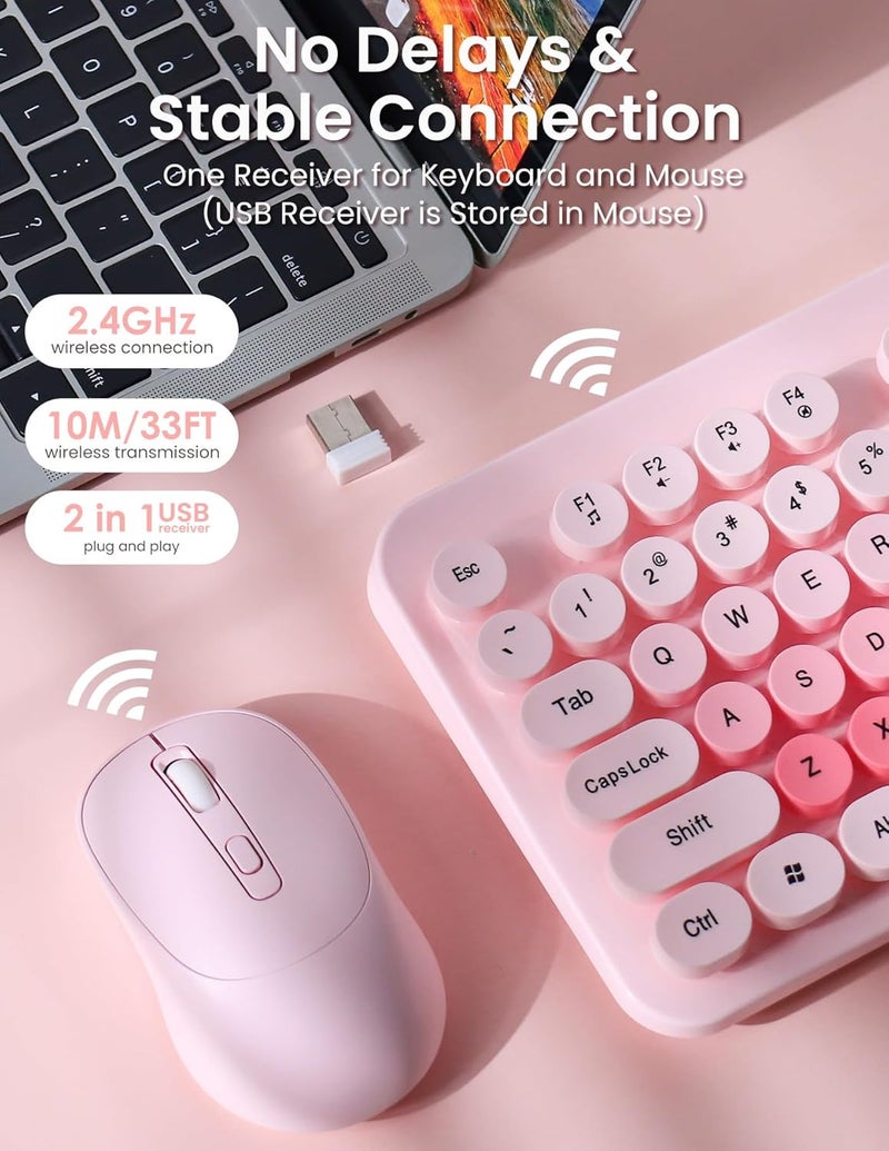 Nsyee Wireless Keyboard and Mouse Combo, 104 Round Keys Retro Full Size Keyboard and Mouse Set with 2.4GHz USB Receiver for PC/Laptop/Tablet/Computer/Windows, US Layout, Pink - Image 3