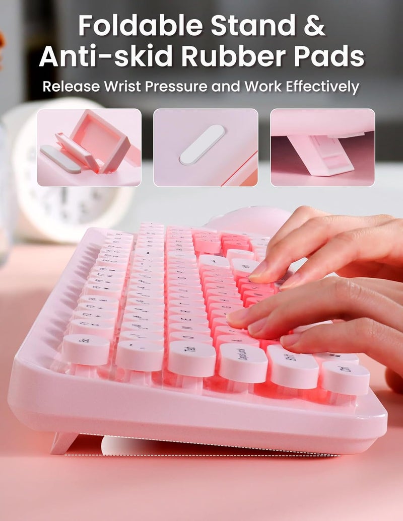Nsyee Wireless Keyboard and Mouse Combo, 104 Round Keys Retro Full Size Keyboard and Mouse Set with 2.4GHz USB Receiver for PC/Laptop/Tablet/Computer/Windows, US Layout, Pink - Image 5